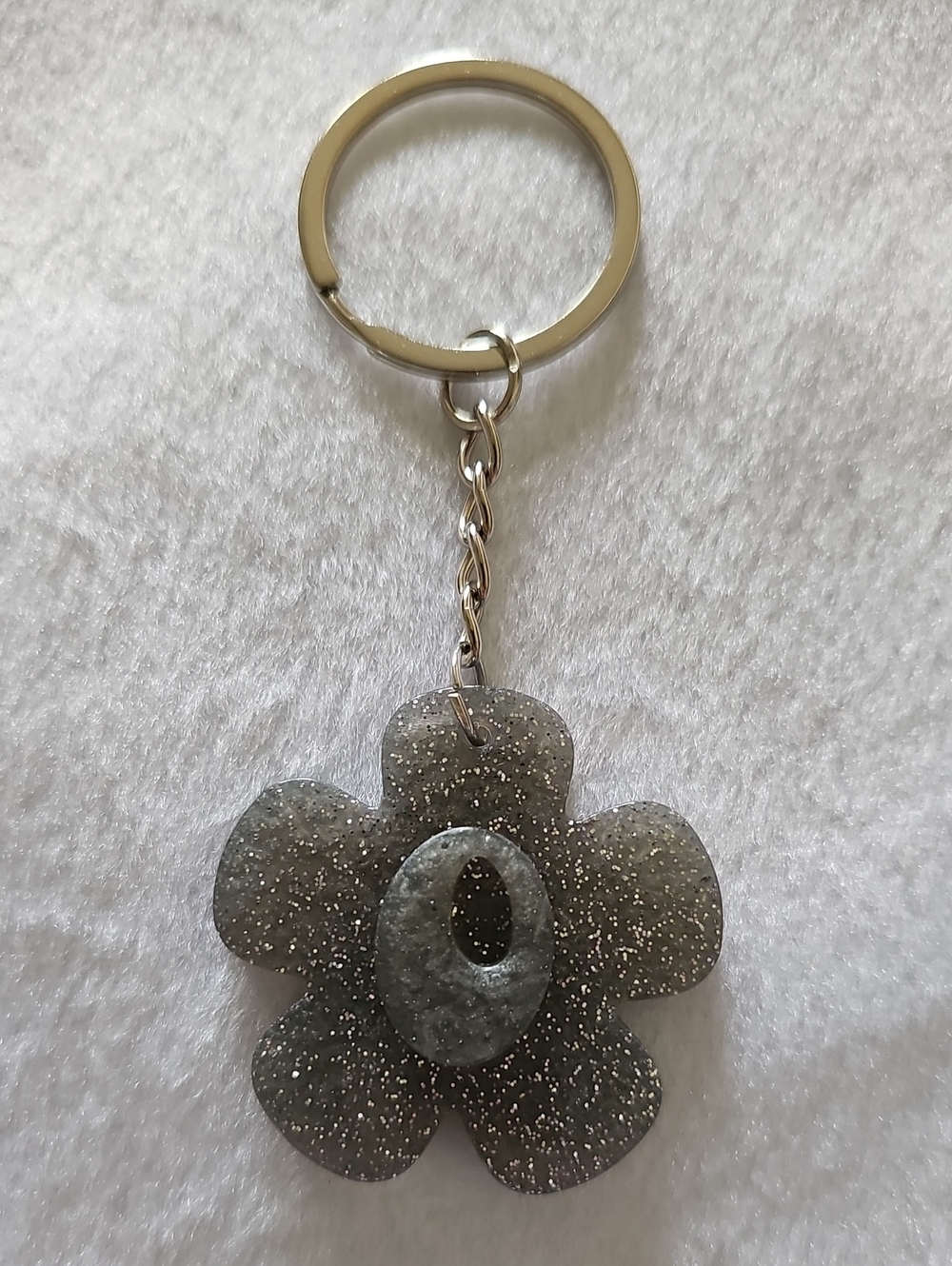 Silver Glitter Flower Keychain with Initial O